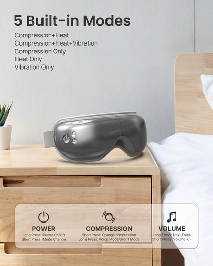 Eye Massager with Heat & Vibration – 5 Massage Modes, Bluetooth Music, Adjustable Headband, USB Rechargeable - Gray